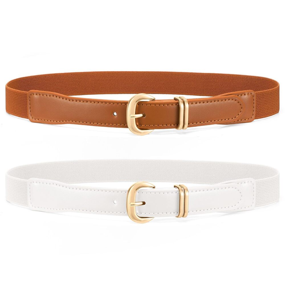 3651 2 Pack Women Skinny Elastic Belt Fashion Gold Buckle Stretchy Thin
